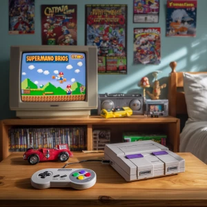 A cozy nostalgic 1990s kid's bedroom setup with light blue walls...