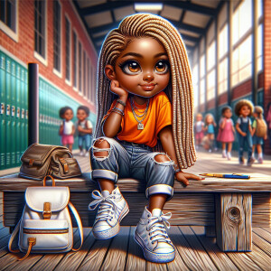 Chibi Full body, African American sitting on a rustic bench. She...