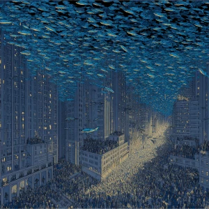Macroscopic aerial view of New York City skyscrapers, surreal at...