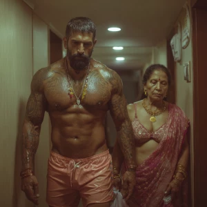 Hyperrealism,.a gujarati muscular beefy bearded tattoed sweaty s...