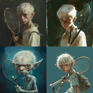 Draw a young guy with white short hair in a style of Gollum with...