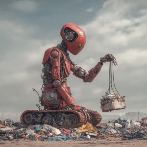 robot gathers scraps of metal and debris