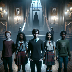 Four teenagers are in a dark scary mansion.