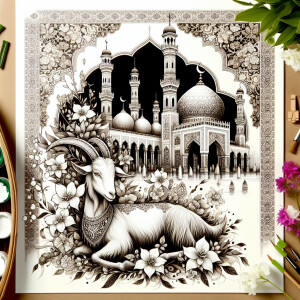 Sketch a festive scene for Eid ul-Adha showcasing a beautifully...
