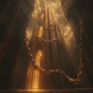 Create an image of an ancient cathedral shrouded in darkness, wi...