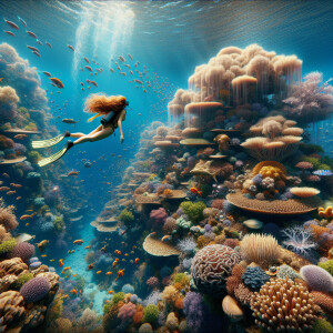 Photorealistic. Long ginger haired woman swimming .