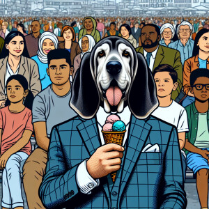 Create a comic style drawing of an old, gray Bassett hound dog w...