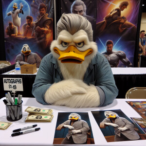 hyper realistic photo of older, gray hair, heavier Donald Duck....