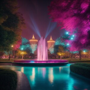 Big park with fountain and light of diferent colors around