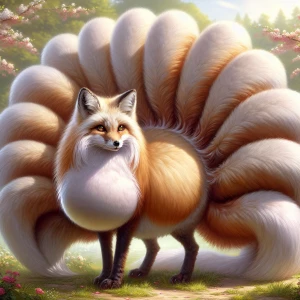 Pregnant nine tailed fox with a very furry body.