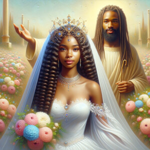 Create a 3-D realistic oil, painting of a beautiful African-American bride. She has long flooring, wavy hair and her gown has beautiful jewels around the neckline. in the background there is a beautiful African-American Jesus Christ with long dreadlocks, and he is smiling. He is very handsome pastel flowers throughout the image.