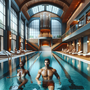 rich people vacation in an expensive complex. men and women of m...