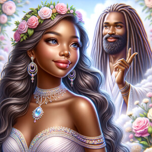 Create a 3-D realistic oil, painting of a beautiful African-American bride. She has long flooring, wavy hair and her gown has beautiful jewels around the neckline. in the background there is a beautiful African-American Jesus Christ with long dreadlocks, and he is smiling. He is very handsome pastel flowers throughout the image.