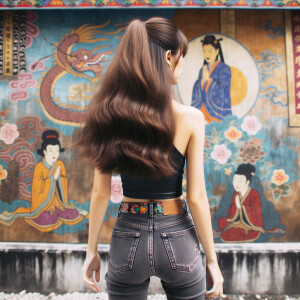 Attractive, Asian teenage girl, long brown hair and bangs, wearing tight skinny jeans and a halter top paint marks on her clothing, backside view heroic pose Asian graffiti