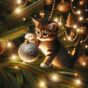 Kitten climbing Christmas tree, Reaching for the Christmas ball