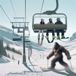 A humanoid Sasquatch covered in hair trailing on foot below two...