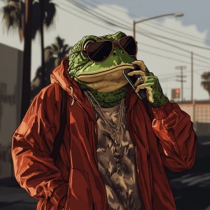 PEPE meme.on his cell phone, 80's clothing, in GTA San Andreas a...