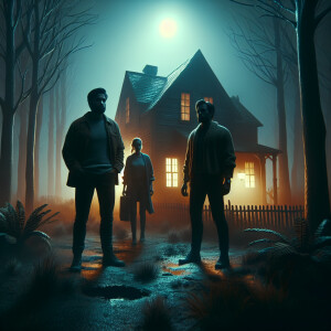 Two men and one woman stand near an abandoned house on the outsk...