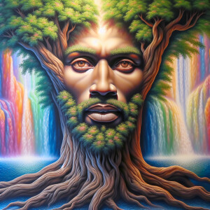 A hyper-realistic 3-D oil painting depicting a tree integrated w...