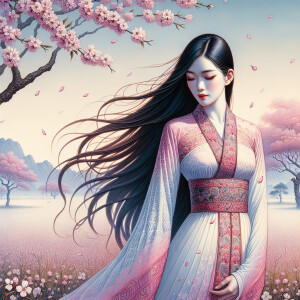 Beautiful Asian woman’s long straight blowing hair, wearing a be...