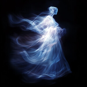 A brightly shimmering digital ghost hovers in a zenithal positio...