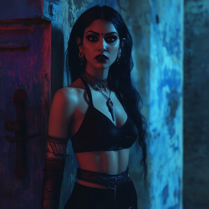 An Indian female vampire, with Goth-inspired aesthetic, set agai...
