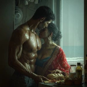 Hyperrealism.a muscular sweaty indian man standing behind and...