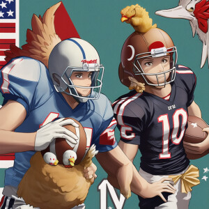 Chicken holding an American football holding American football