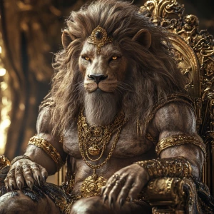 Create a photorealistic 3D image of a majestic man-lion hybrid, featuring an expansive mane and exceptionally well-defined, oversized muscles. Adorn this regal creature with intricate jewelry and gold embellishments, and depict it seated on a throne. Aim for 8K UHD resolution, extreme professional detail, and a composition that is both visually stunning and captivating.