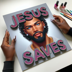 A 3D realistic artwork featuring the phrase 'Jesus Saves' adorne...
