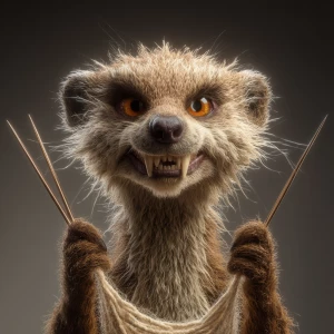 A anthropomorphic mongoose with a wild, crazy smile and intense...