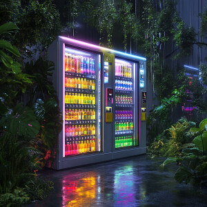 Create an ultra-realistic scene of a modern vending machine, ill...