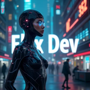 A futuristic and visually striking ["Flux Dev" text ] , Alongside it stands a futuristic figure—a seamless blend of human and AI aesthetics—wearing an elegant, form-fitting high-tech catsuit that dynamically shifts color based on movement. The suit features glowing circuit-like patterns, adapting to ambient light. The figure's face is partially augmented with sleek cybernetic enhancements, and their eyes emit a soft, intelligent glow. The background is an advanced, holographic cityscape with floating digital elements, emphasizing cutting-edge AI technology.