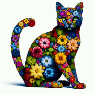 Imagine a cartoon of a cat with a body covered in a vibrant arra...