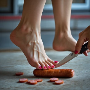 A Chinese beauty, barefoot, with beautiful nail polish on her to...