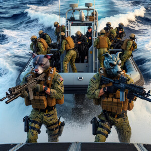 There are two US Navy sailors in battle gear, the navy sailors are a pitbull and Pepe, they are standing in two different directions. They are shooting 50 caliber, machine guns. They are in their Navy seal boat. The boat is making waves. There are also divers on the boat getting ready to dive in the water .