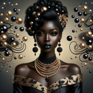 Imagine a digital portrait of a light skinned African-American Latino regal woman named KAREN Her attire and accessories are exclusively adorned with black and gold pearls. They grace her voluminous hair, styled in an elegant updo, where the black pearls form the roots and the gold pearls create the stunning curls. Her ears boast chandelier earrings, with black pearls clustered at the top, transitioning to gold pearls that dangle with delicate grace. Around her neck, a tiered necklace cascades with strands of alternating black and gold pearls, reflecting a sophisticated contrast.

Her shoulders are draped with a luxurious off-shoulder gown, the fabric's weave incorporating intricate patterns formed by black and gold pearls. The gown's texture has a subtle sheen, suggesting a high-quality material with a pearlescent finish. As a centerpiece, a grand brooch sits at her collar, with a large gold pearl surrounded by an elaborate design of smaller black pearls.

The background of the portrait features an abstract composition of floating pearls, swirling in a dance of shadows and light, emphasizing the color theme of black and gold. The name "KAREN" is discreetly integrated into the lower right corner of the artwork, blending seamlessly with the design, as if it were a signature part of the jewelry ensemble. The overall effect is one of timeless elegance, a blend of modern design and classic beauty, all tied together by the luxurious palette of black and gold.