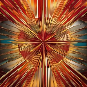 A larger Art Deco-style panel depicting a sleek, angular sunburst pattern in a gradient of vibrant reds, oranges, and yellows, with intricate decorative borders.