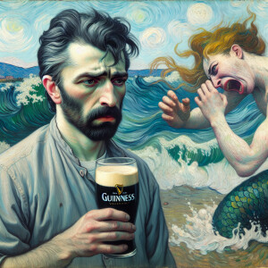 Armenian man with pint Guinness in hand, attack mermaid heel