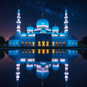 Create an image of a grand mosque featuring glowing blue domes,...