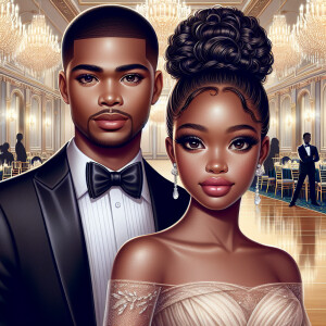 A light skin African American couple at a fancy ballroom event....