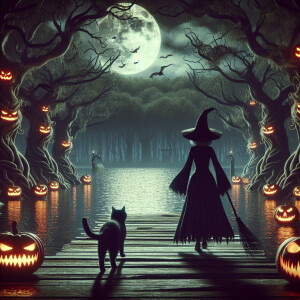 A vintage dark halloween night scene of a witch and black cat wa...