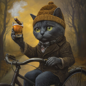 A Russian Blue cat wearing a traditional ushanka hat, balancing...