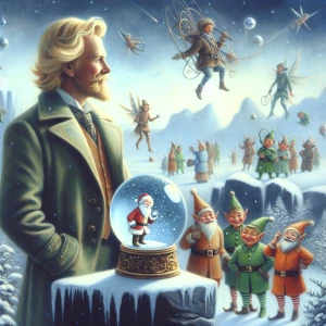 A whimsical scene depicting a blonde man facing forward at the N...