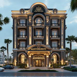 Design a luxurious classic facade for a four-story hotel located...