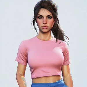 Lucia from GTA. girl with brown hair, big eyebrows, pumped up li...