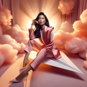 A confident woman with long dark hair sitting gracefully on a mo...