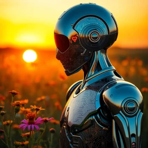 In the soft glow of golden hour, a solarpunk digitalized android...