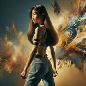 Athletic Thin skinny Attractive, Asian teenage girl, long brown hair and bangs, wearing tight skinny jeans and a halter top paint marks on her clothing, heroic pose Asian graffiti background,  backside view