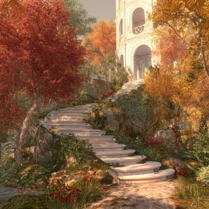 Autumn Garden Stairway with Tower
	•	Setting: A fantastical autu...